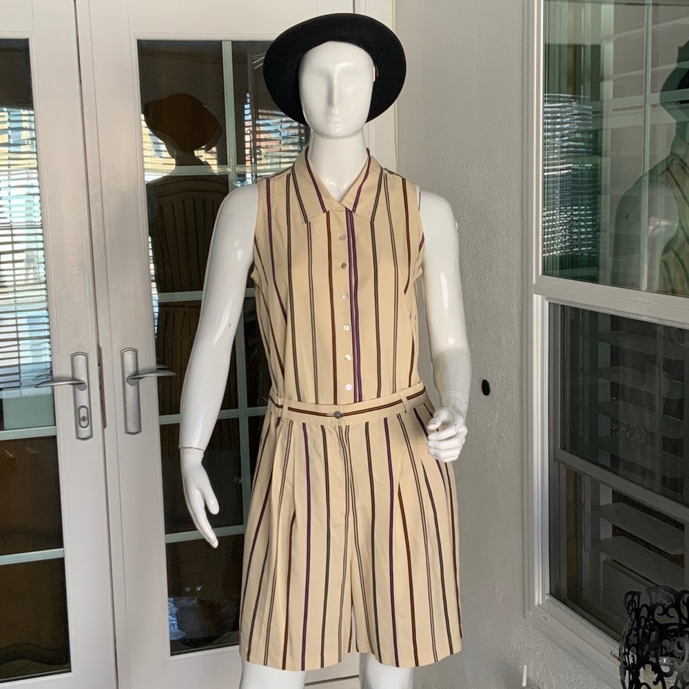 Vintage Beige and Brown Striped Sleeveless Set